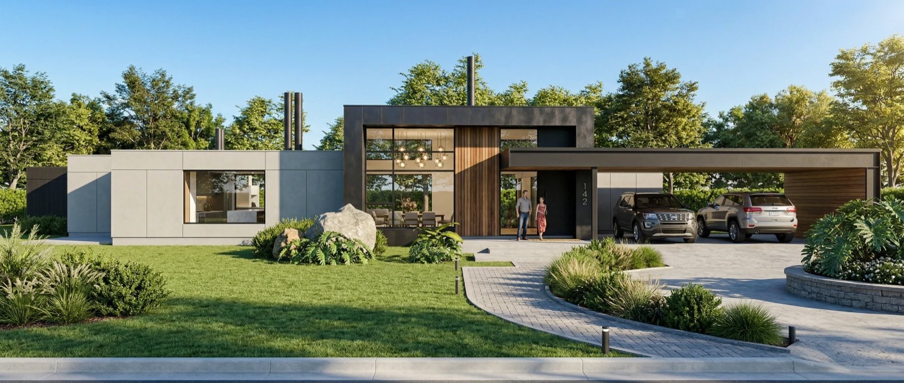 Vivienda unifamiliar de volúmenes en hormigón, madera y vidrio