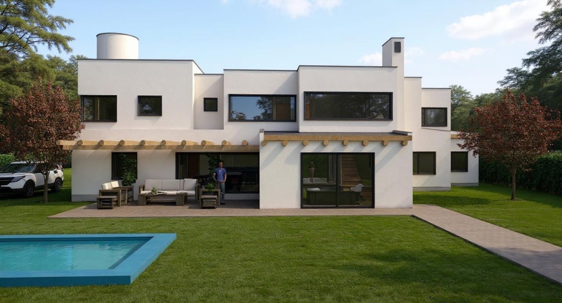 Render de vivienda blanca con pérgola