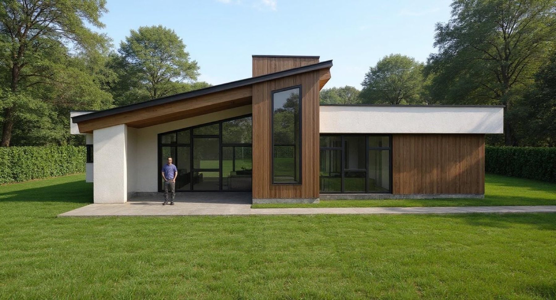 Render de vivienda con techo inclinado y madera